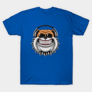 Funny bulldog wearing headphones listening to music, smiling T-Shirt